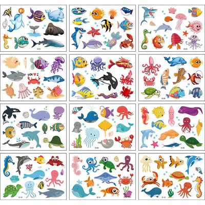 12 Pack Cartoon Temporary Tattoos – Mermaid, Unicorn Animal Designs