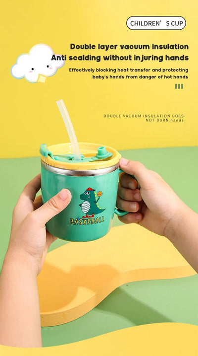 280ML Dinosaur Baby Feeding Cup – Stainless Steel Thermos Straw Cup