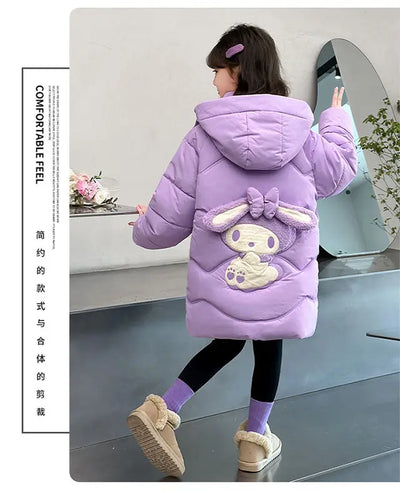 Teen Girls Sanrio My Melody Down Jacket 2024 Winter Fashion Children Hooded Velvet Thicken Princess Coat Kids Clothers Outerwear