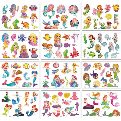 12 Pack Cartoon Temporary Tattoos – Mermaid, Unicorn Animal Designs