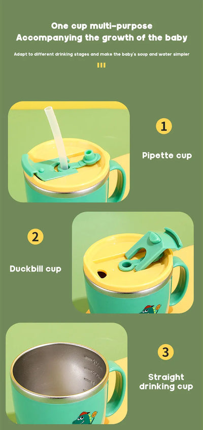 280ML Dinosaur Baby Feeding Cup – Stainless Steel Thermos Straw Cup