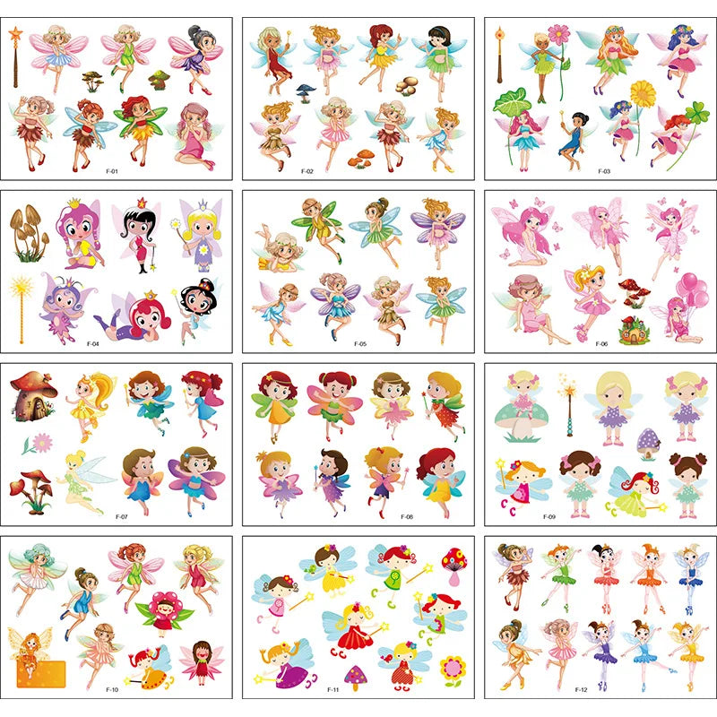 12 Pack Cartoon Temporary Tattoos – Mermaid, Unicorn Animal Designs