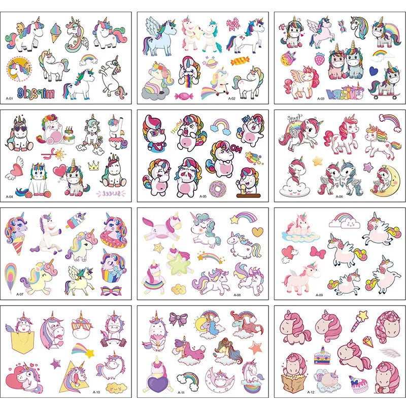 12 Pack Cartoon Temporary Tattoos – Mermaid, Unicorn Animal Designs