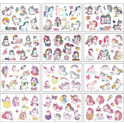 12 Pack Cartoon Temporary Tattoos – Mermaid, Unicorn Animal Designs