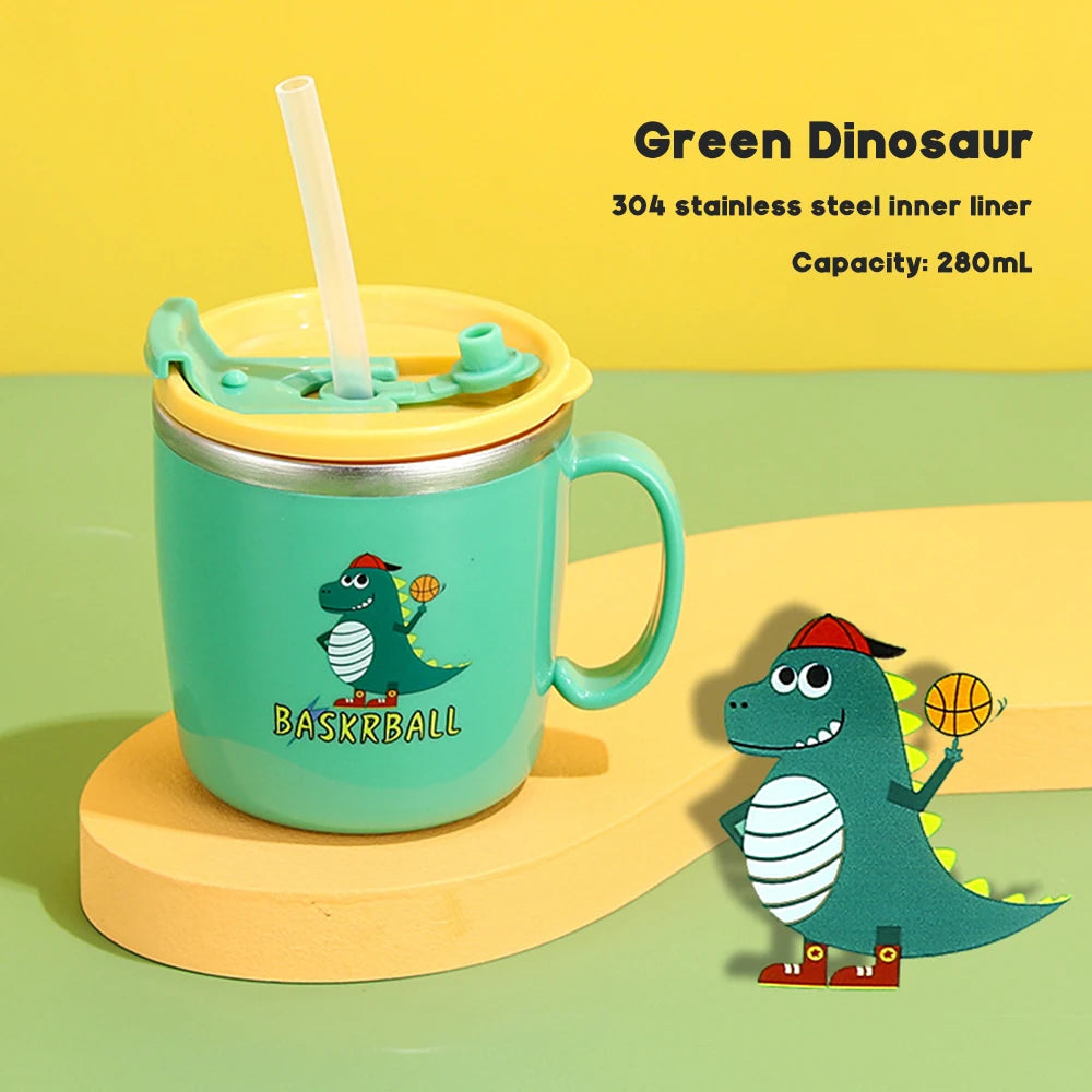 280ML Dinosaur Baby Feeding Cup – Stainless Steel Thermos Straw Cup