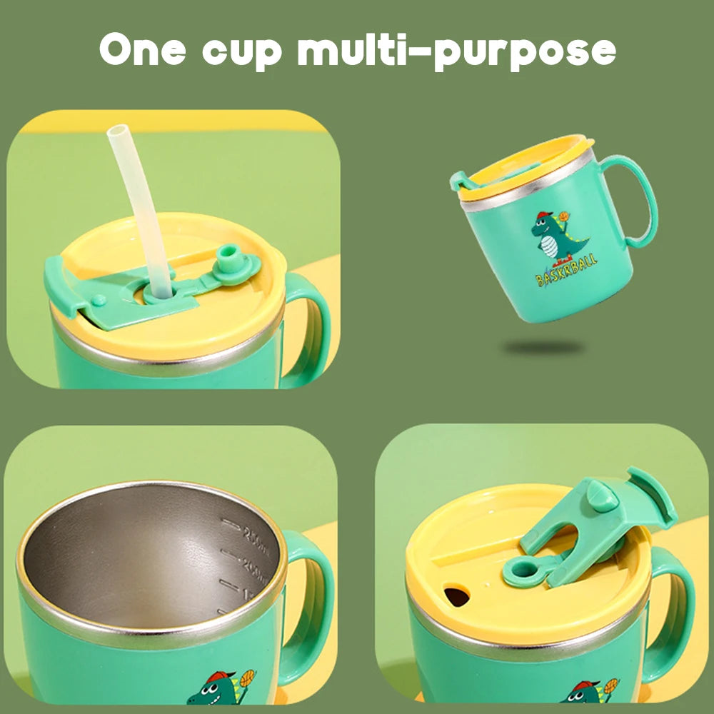 280ML Dinosaur Baby Feeding Cup – Stainless Steel Thermos Straw Cup